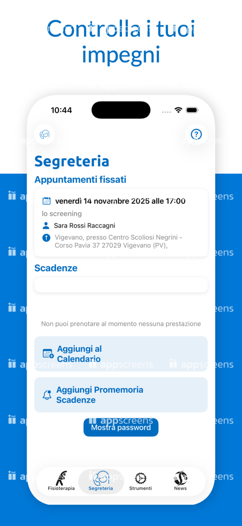 ISICOapp - Pantalla del calendario de citas de la aplicación ISICOapp que muestra las citas clínicas y las fechas límite para el seguimiento del tratamiento de la escoliosis.