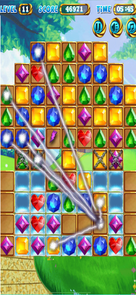 Jewel Poping Mania - Tablero de rompecabezas Match 3 en Jewel Poping Mania que muestra gemas coloridas y efectos de rayos