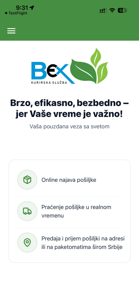 Bex Mobile - Bex Mobile app main interface showing courier services including shipment tracking and online announcement options