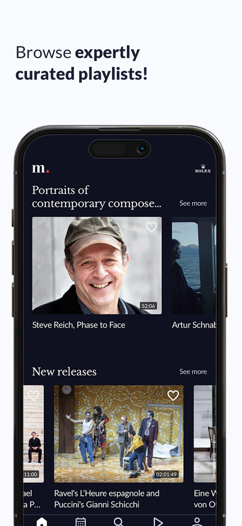 medici.tv: classical music - A smartphone showing the medici tv app interface with curated classical music playlists and new opera releases