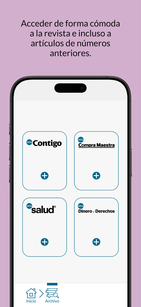 Smartphone screen showing the OCU Digital magazine archive with various consumer guide categories.