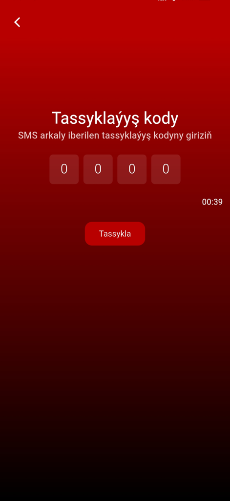 Uma tela móvel do aplicativo Gorogly Fitness mostrando um campo de entrada de código de verificação SMS de quatro dígitos em um fundo vermelho escuro.