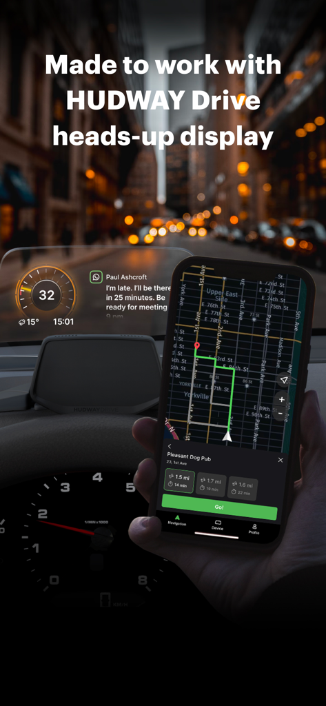 HUDWAY Drive: HUD for any car - HUDWAY Drive mobile app navigation and notifications displayed on a car heads-up display