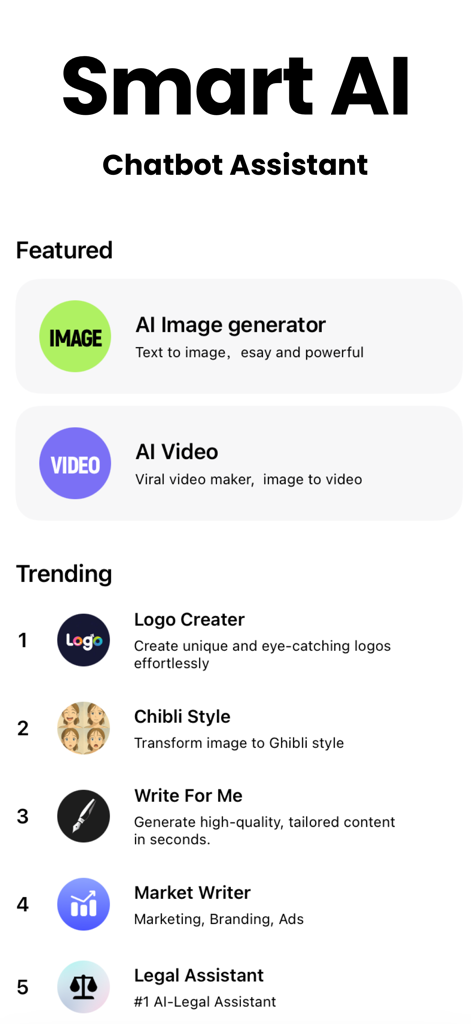 Interface of the Owen AI app showing featured tools like AI image and video generators and trending assistants for legal and marketing tasks