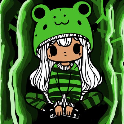 a girl wearing a frog hat and some frog socks