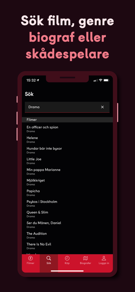 Filmstaden - Filmstaden mobile app search interface showing movie results for drama genre
