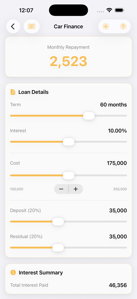 FinCalc car finance calculator screen showing monthly repayment results and adjustment sliders for loan terms and interest