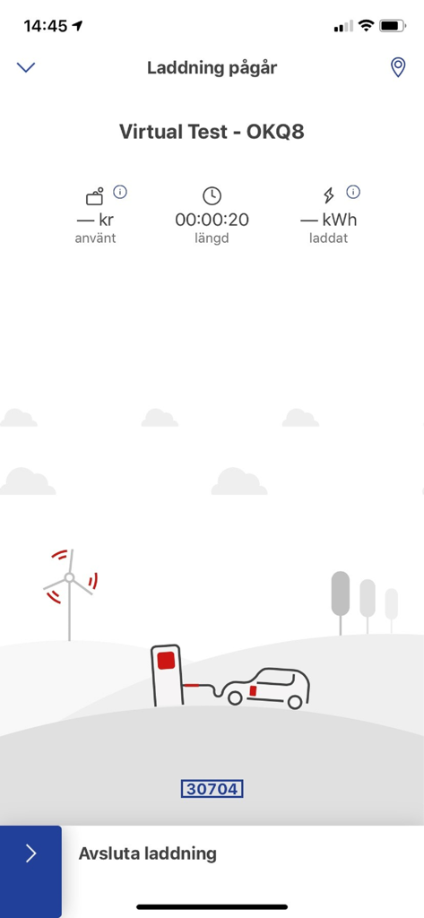 Smartphone screen showing the OKQ8 app with a live electric vehicle charging session including time and energy consumption