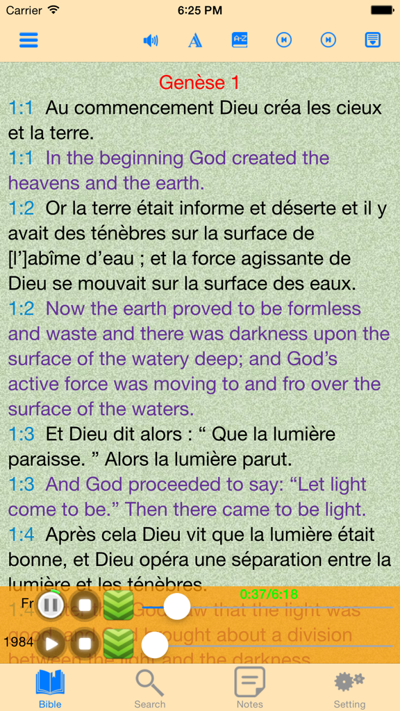 Interface of the New World Translation Bible app displaying interleaved French and English verses from Genesis 1.