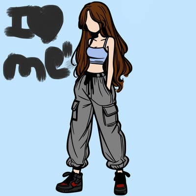 girl in baggy pants crop top and long hair