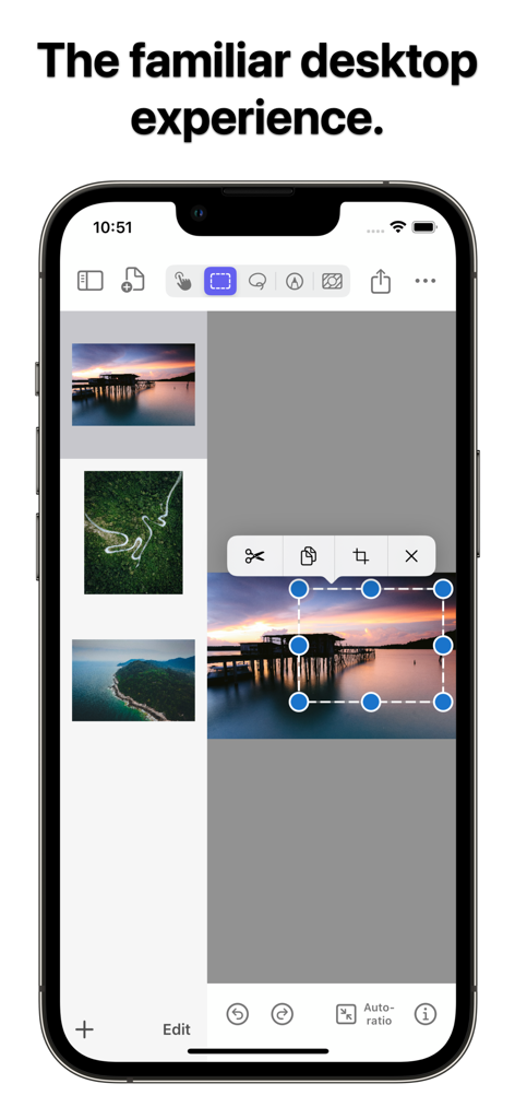 Pantalla del iPhone que muestra la aplicación Mini vista previa con una interfaz de escritorio inspirada en macOS para la edición de imágenes