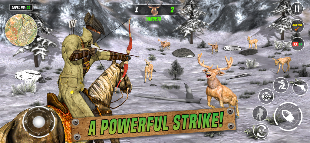 Animal Hunter : Hunting Games - A hunter on horseback aiming a bow at deer in a snowy mountain environment