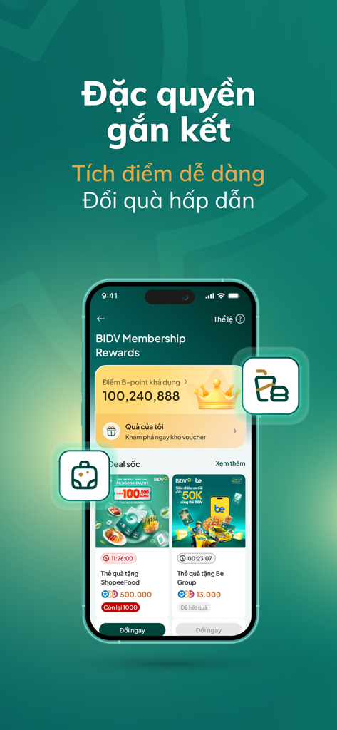 BIDV SmartBanking app screen showing membership reward points and shopping vouchers
