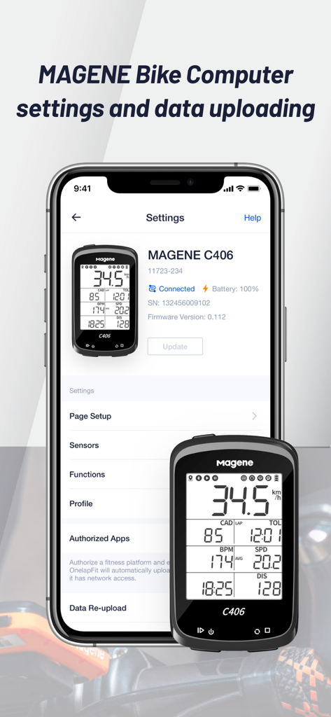 OnelapFit app interface showing Magene C406 bike computer settings and data uploading features.