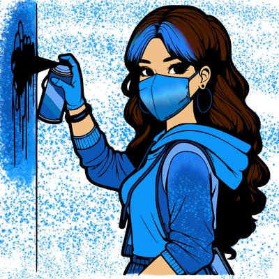 realistic girl with mask spray painting a wall