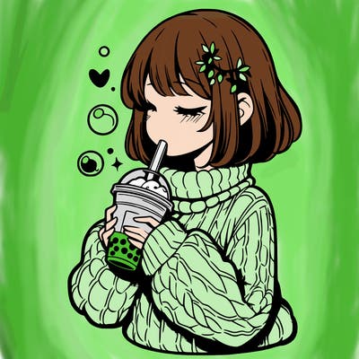 manga girl drinking boba in cozy sweater