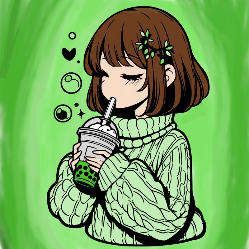 manga girl drinking boba in cozy sweater