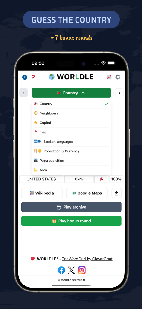 Worldle - Guess The Country! - Worldle app interface showing a menu of seven geography bonus rounds including neighbours and capital