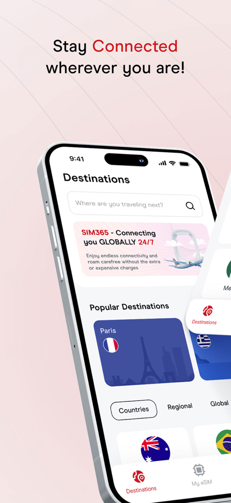 sim365 - sim365 app interface displaying popular travel destinations and global eSIM search