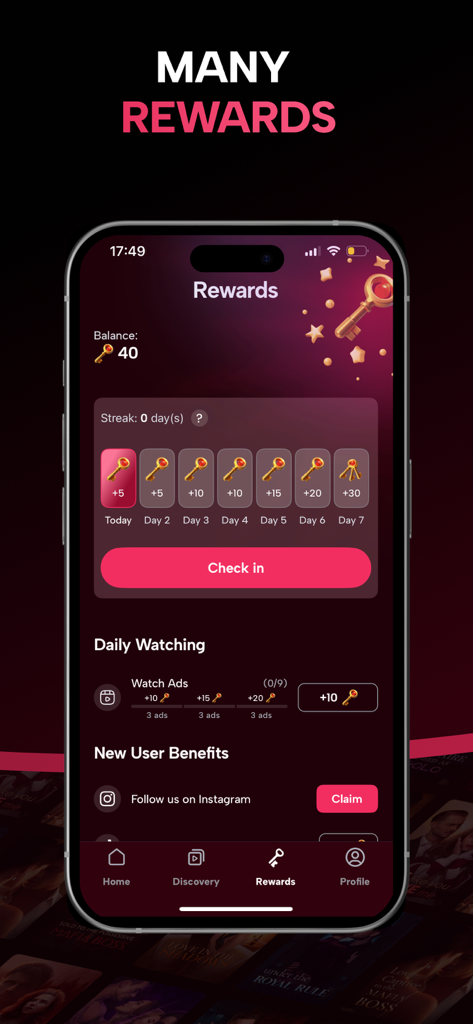 FreeBits: Free TV Drama Stream - A screenshot of the FreeBits app rewards page showing daily check-in bonuses and tasks to earn free keys.