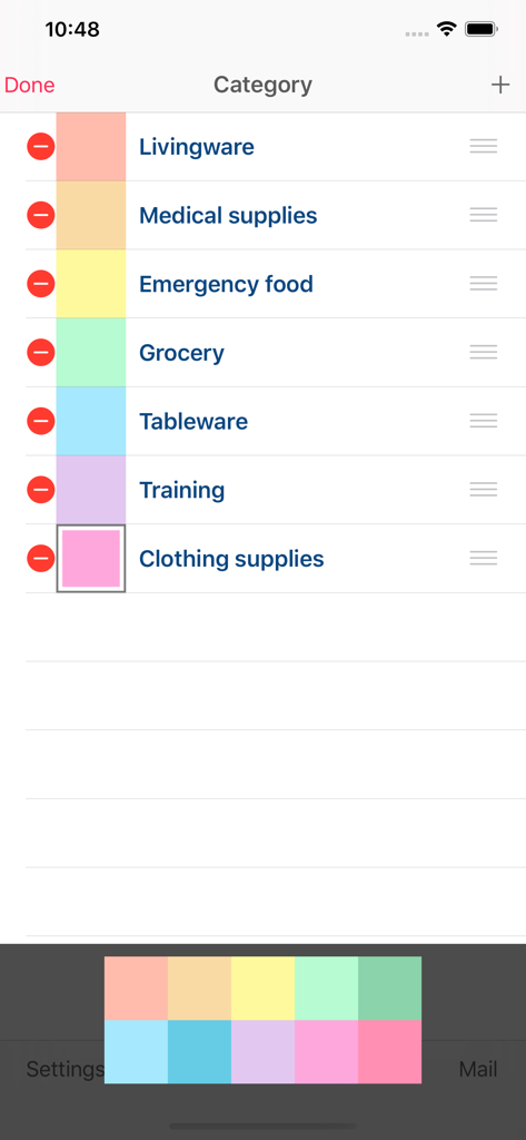 Counters+ - A smartphone screenshot of the Counters+ app showing a list of customizable categories like medical supplies, emergency food, and grocery with color coded labels.