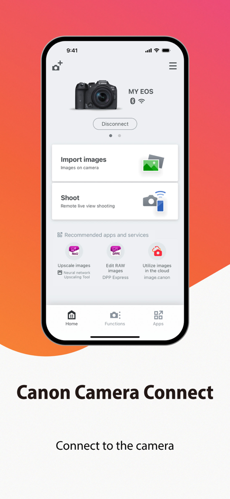 Interface principale de l'application Canon Camera Connect proposant des options d'importation d'images et de prise de vue à distance.