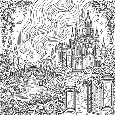 Step into a realm of gothic wonder with this captivating coloring page, featuring a magnificent castle bathed in the ethereal glow of a red aurora. Experience the unique blend of summer mystery and dramatic celestial beauty.