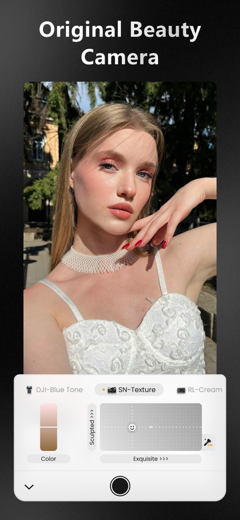 ReLens app screenshot showing original beauty camera portrait mode with skin texture and color controls