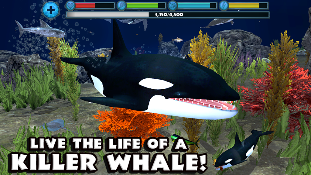 Orca Simulator - A large orca swimming in a 3D underwater environment with a smaller calf and game status bars visible.