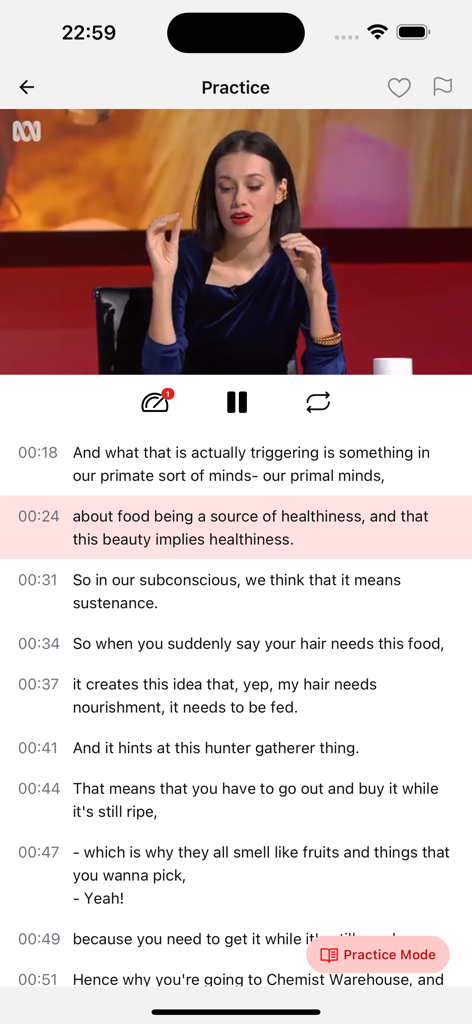 EngTube: Learn English Daily - EngTube app interface showing a video with synchronized English subtitles for language learning