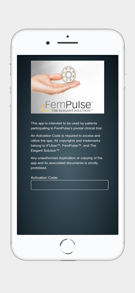 FemPulse Bladder Diary - FemPulse 膀胱ダイアリーアプリのアクティベーション画面。臨床試験のメッセージとアクティベーションコードフィールドが表示されています。