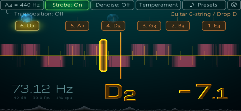 Airyware Tuner strobe interface showing Drop D guitar tuning accuracy