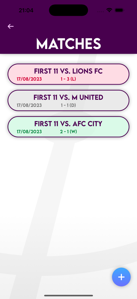 Football Lineup Manager - Une liste des résultats de matchs de football passés montrant les scores et les résultats comme victoire, défaite et nul