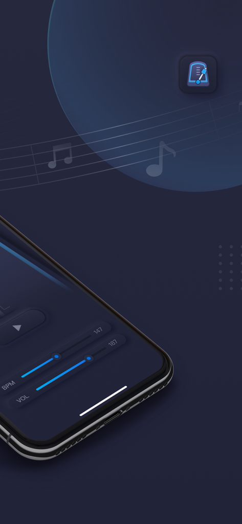 Smartphone displaying a metronome app interface with adjustable BPM and volume sliders on a dark musical background.