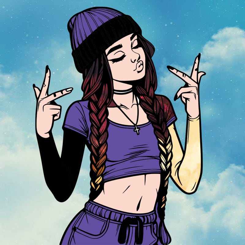 realistic teenage girl with braids and a beanie and crop top doing 🫶🏼