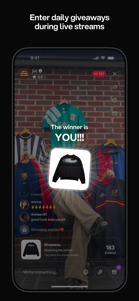 A live stream on the Tilt app announcing a giveaway winner for a black sweater during a fashion streetwear event.