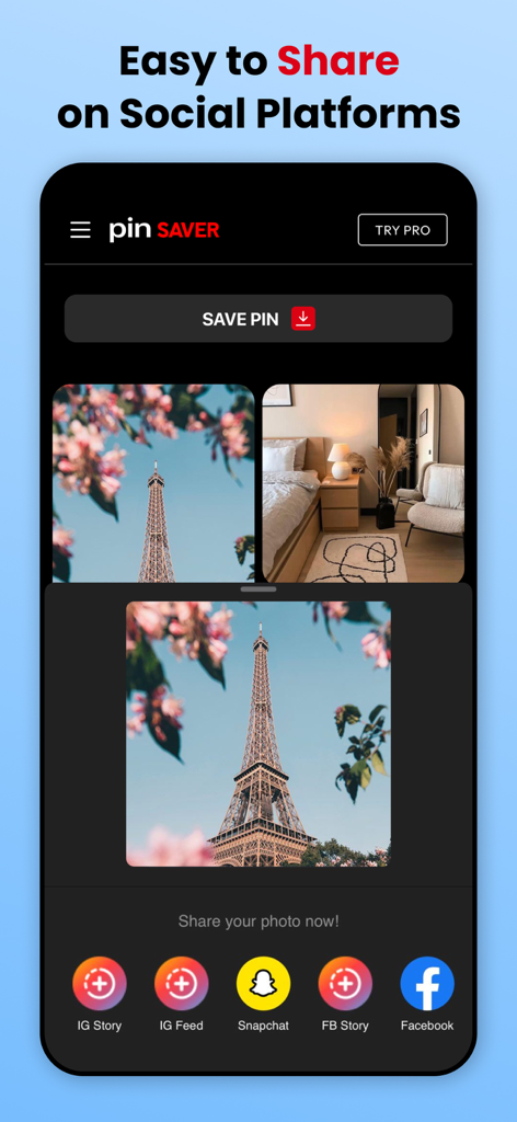 PinSaver: Save Pin Video - A screenshot of the PinSaver app interface showing options to share a saved Pinterest image of the Eiffel Tower directly to Instagram, Snapchat, and Facebook.
