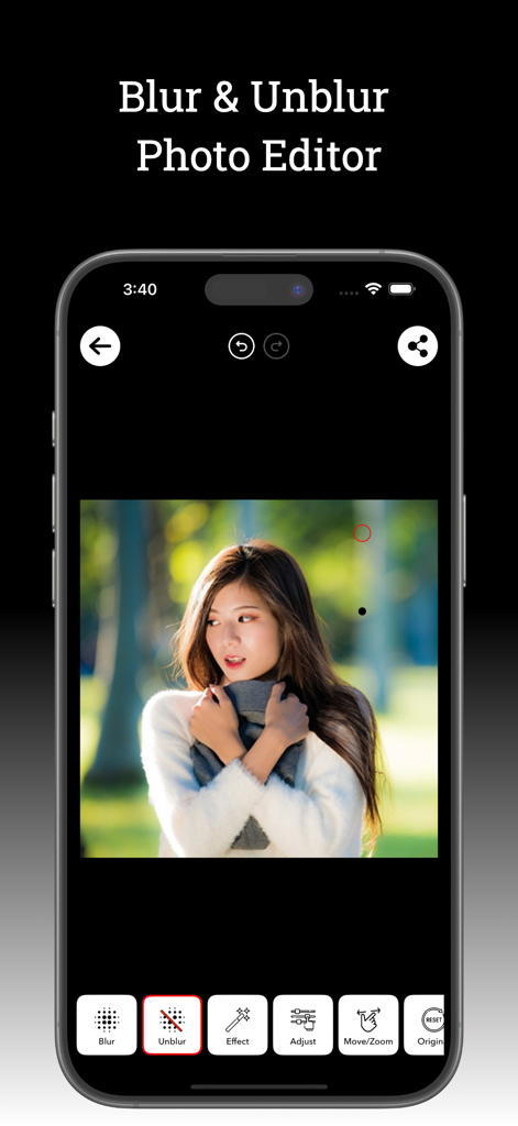 Blur Photo Editor - Point Blur - Interface do aplicativo Desfoque de Foto mostrando uma foto de retrato sendo editada com ferramentas de desfocar e limpar desfoque.