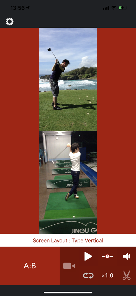 XPlayer - Dual player. - Vertical split screen in XPlayer comparing two golf swing videos for performance analysis