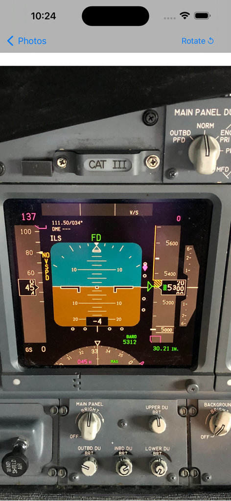 iBOEING Type Rating Prep - Close-up view of a Boeing Primary Flight Display with cockpit controls and flight instrumentation