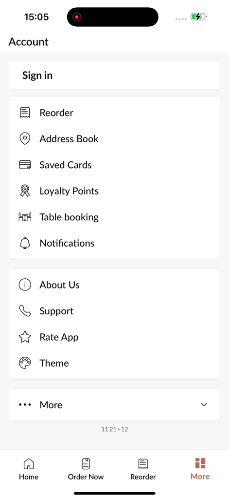 Water Lily Mansfield - Account and settings menu of the Water Lily Mansfield app showing loyalty points and reorder options