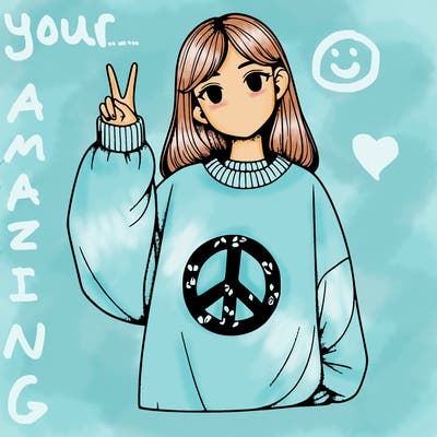 a girl in a oversized sweatshirt with a peace sign realistic