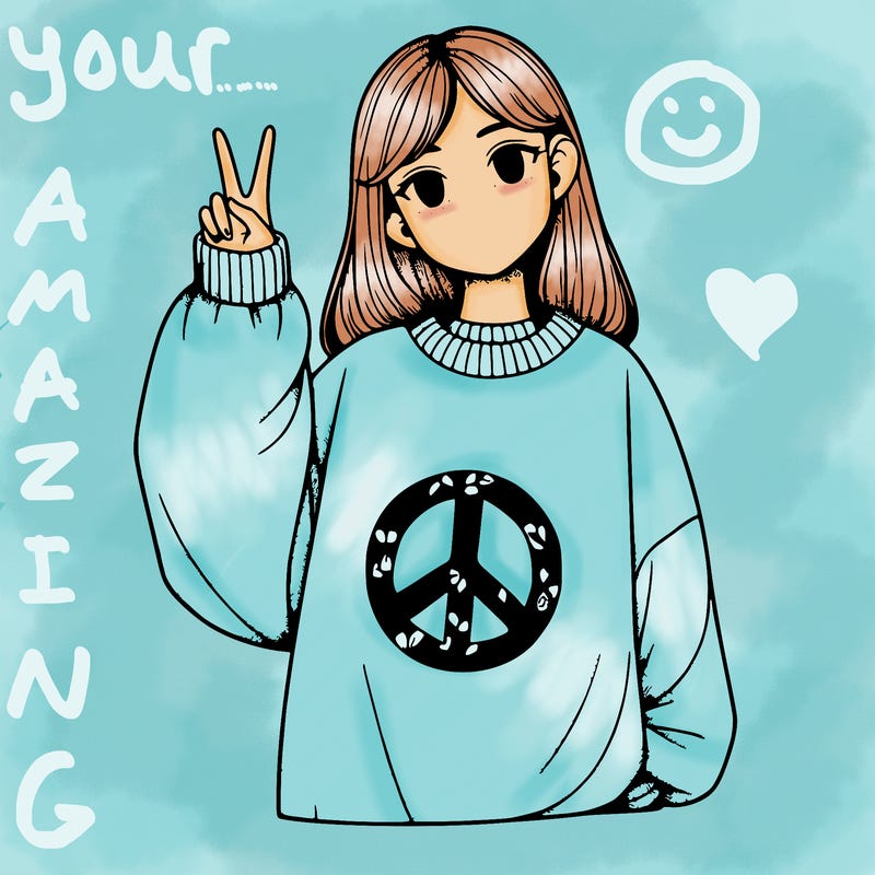 a girl in a oversized sweatshirt with a peace sign realistic