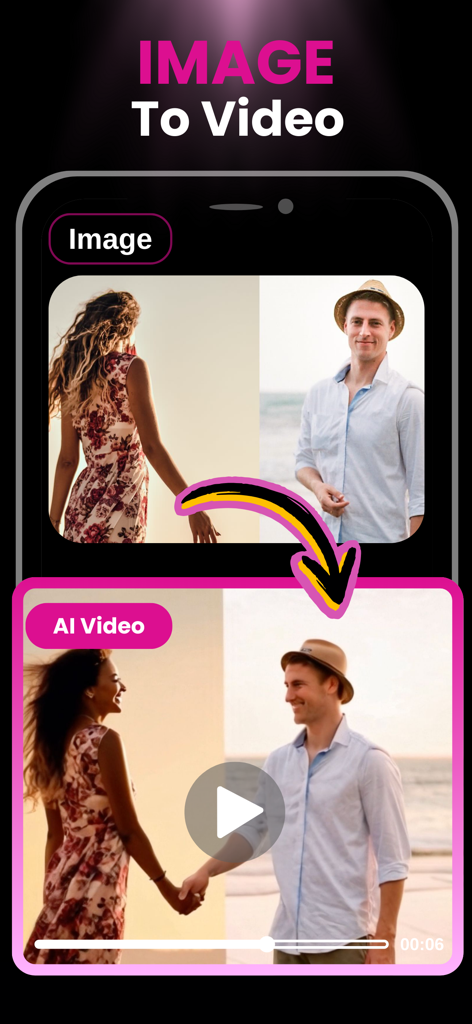 AI Kiss Hug Video Maker Clone - Uma tela de aplicativo móvel mostrando como transformar fotos estáticas em um vídeo com IA de um casal de mãos dadas