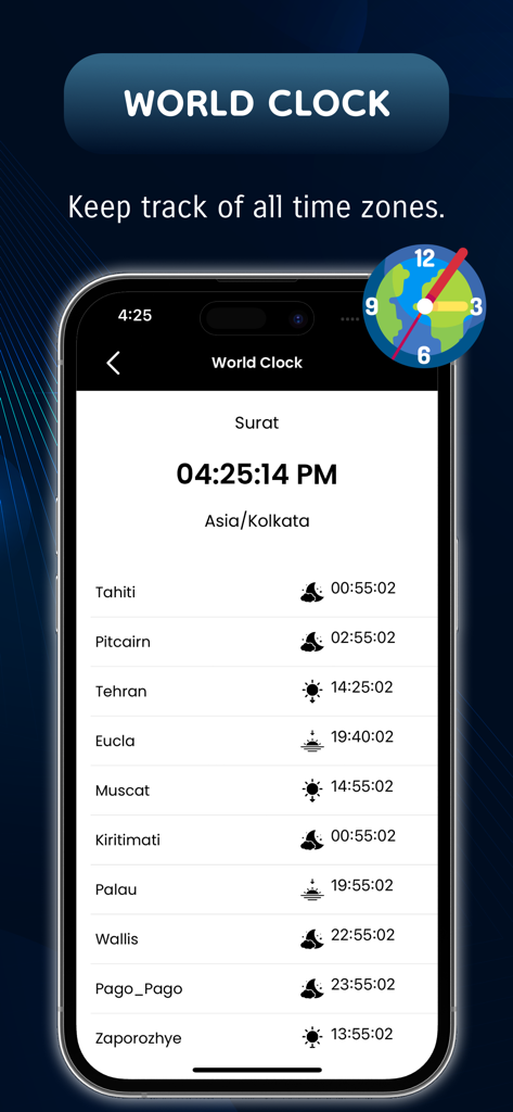 Router Password : WIFI Connect - Interfaz de la función de reloj mundial que muestra la hora actual en múltiples ciudades internacionales.