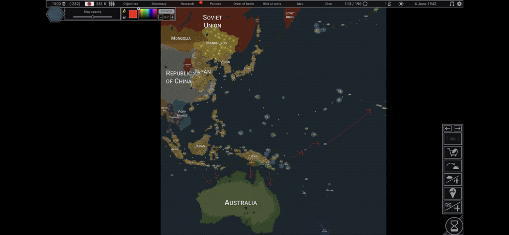 Hex of Steel - Grand strategy map of the Pacific and Southeast Asia in Hex of Steel showing troop movement arrows and hex grid layout