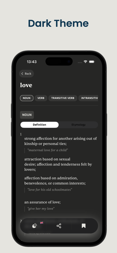 the English Dictionary - Captura de pantalla de la aplicación English Dictionary que muestra la definición de la palabra 'love' en una interfaz de modo oscuro