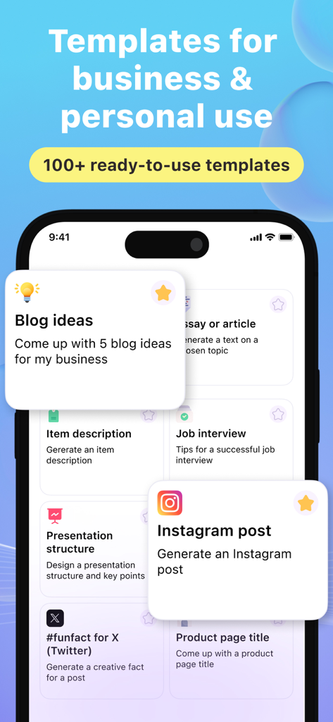 Tweety AI content writer app showing templates for social media and business tasks.