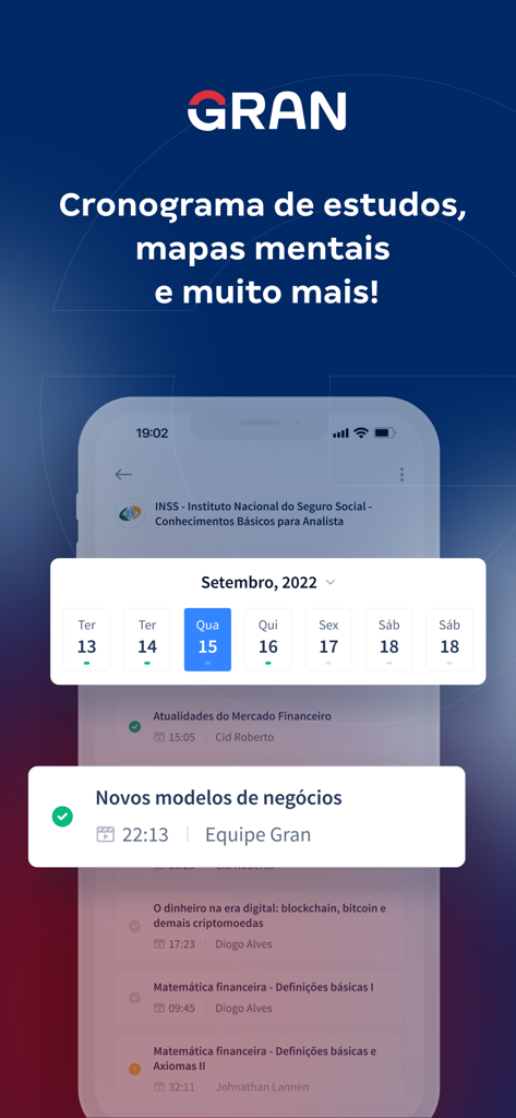 Gran Cursos Online - Interface do app móvel Gran Cursos Online exibindo um cronograma de estudos com aulas diárias e mapas mentais