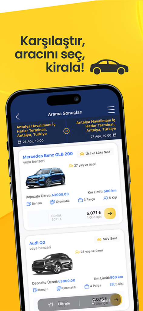 Ucuzabilet mobile app interface showing car rental options in Antalya Turkey including luxury and SUV vehicles